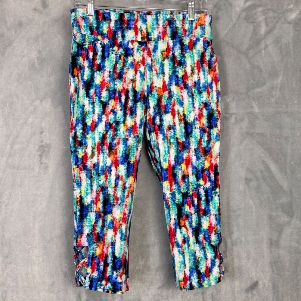 Attyre Petite Crop Pants Women 10P Multicolor Abstract Lattice Hem Rhinestone